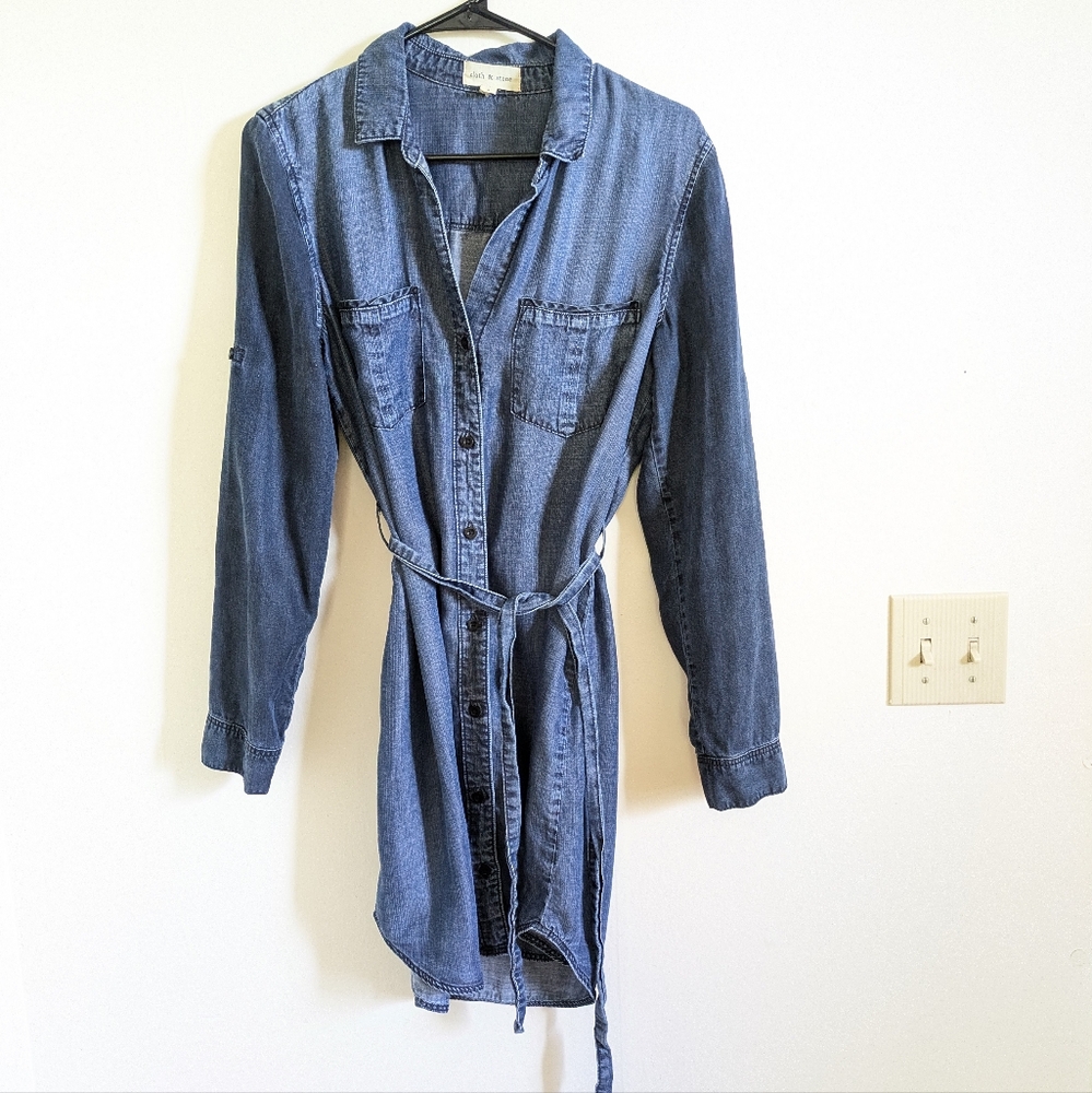 Cloth & Stone Anthropologie Chambray Tencell Long Sleeve Button Casual Dress Sm
